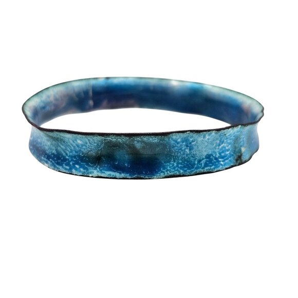 Handmade Enamel Copper Bangle Bracelet Boho Organic Blue Unique Artisan Jewelry - Picture 4 of 14